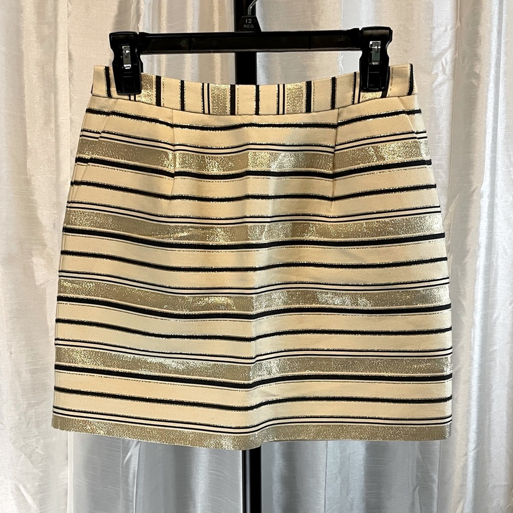 J. Crew size 0, black, gold and beige striped, mini skirt with pockets